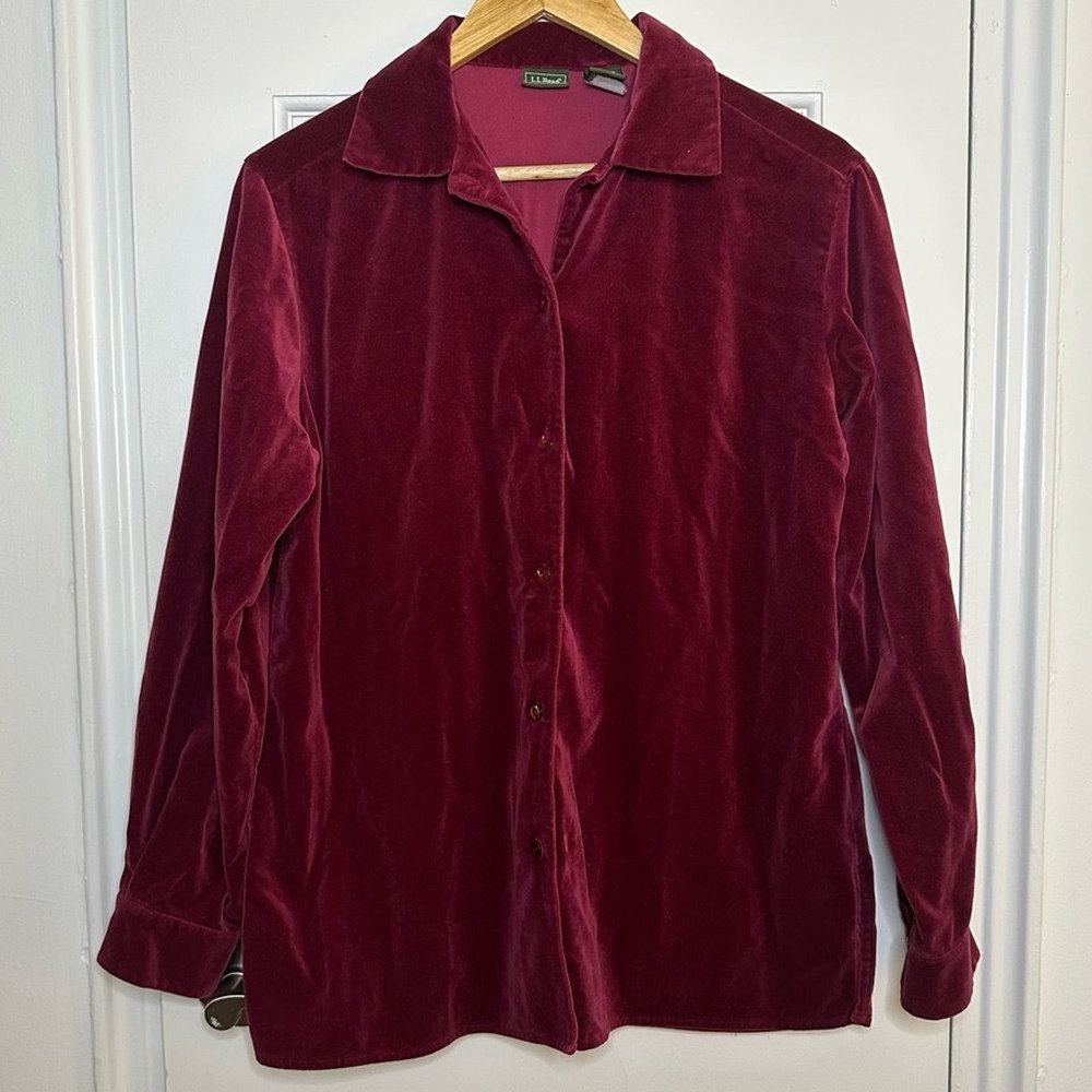 Vintage L.L. Bean Velour Button Down Shirt Burgundy Maroon Holiday Retro Small